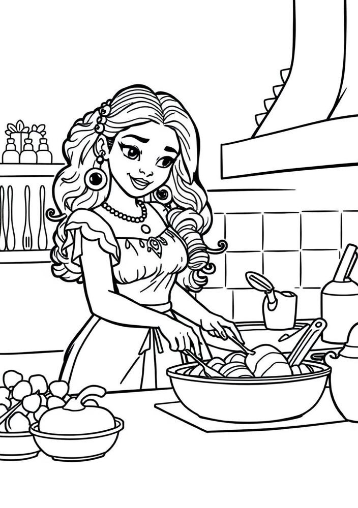 Desenho da Tiana na cozinha preparando receitas para colorir