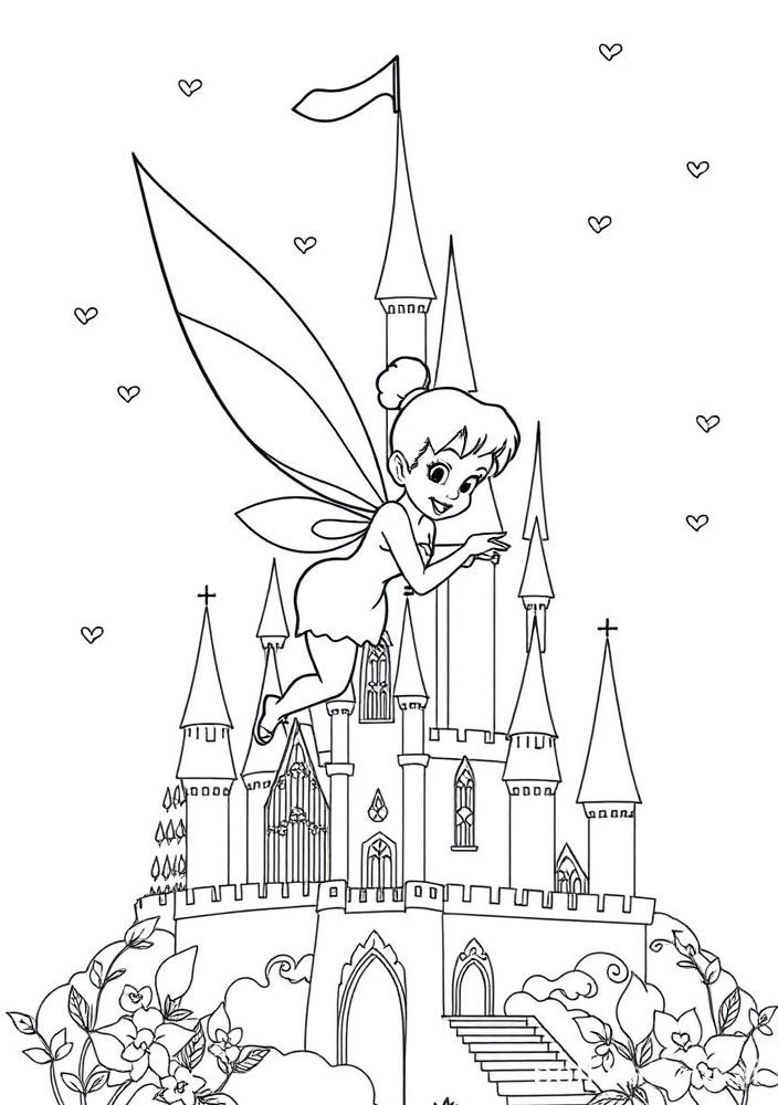 Desenho da Tinkerbell voando ao redor do castelo para colorir