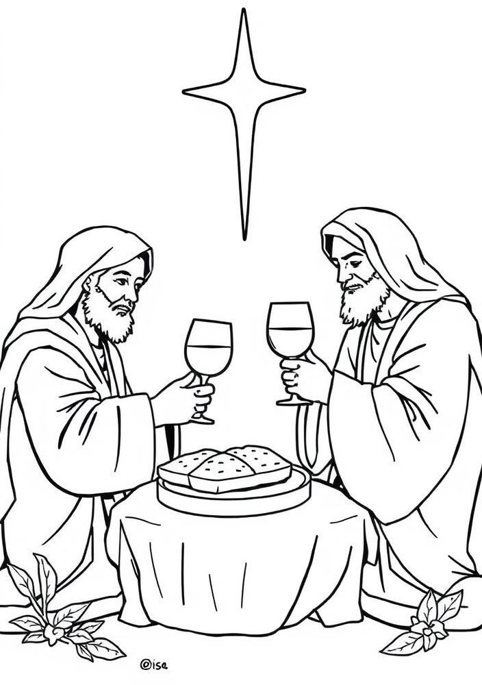 Desenho da ceia de vitória com pão e vinho para colorir