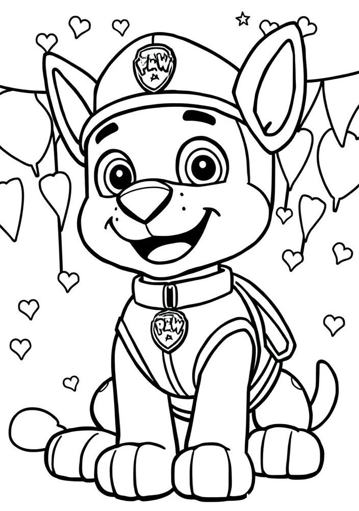 Desenho da equipe da Patrulha Canina em festa, para colorir