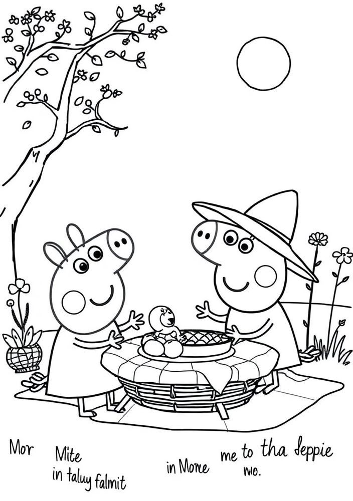 Desenho da família Peppa Pig fazendo um piquenique para colorir