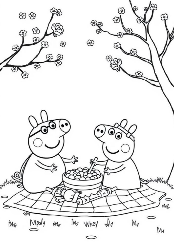 Desenho da família Peppa Pig fazendo um piquenique para colorir