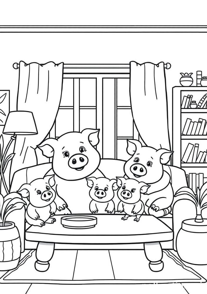 Desenho da família Pig na sala de estar para colorir