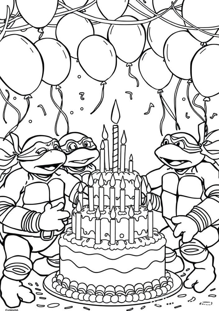 Desenho da festa de aniversário das Tartarugas Ninjas para colorir