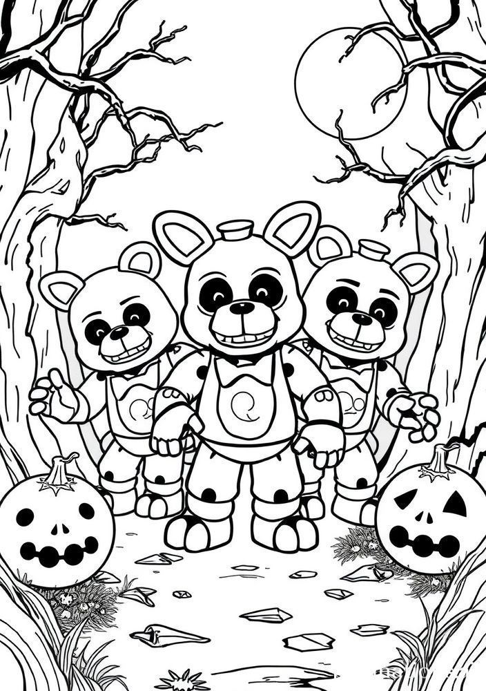 Desenho da gangue FNAF em uma cena de terror para colorir