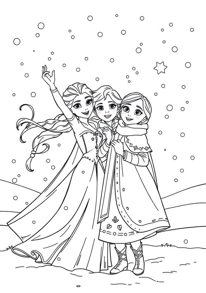 Desenho da vitória de Elsa e Anna na neve para colorir