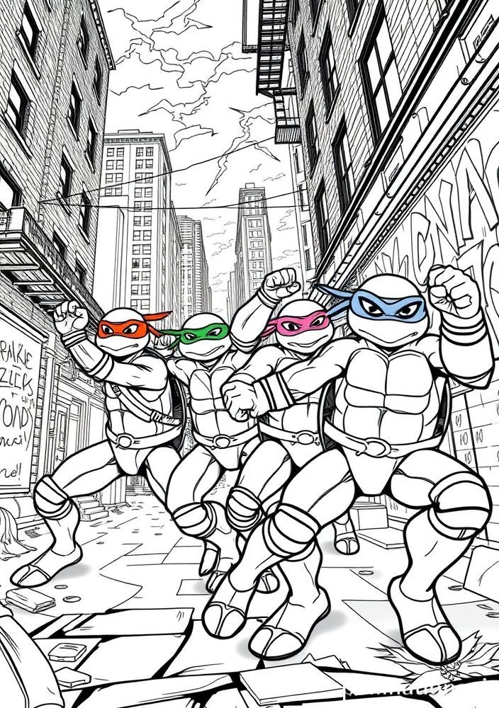 Desenho das Tartarugas Ninjas em ação para colorir
