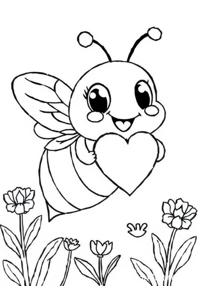 Desenho de Abelha e Coração para colorir