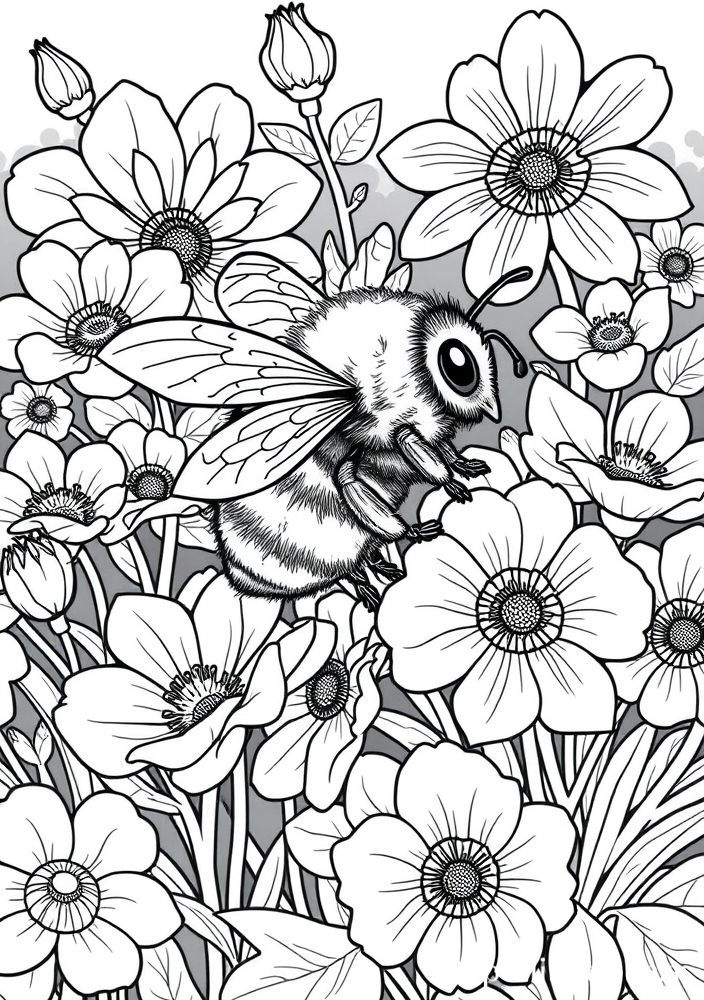 Desenho de Abelha e Flores para colorir