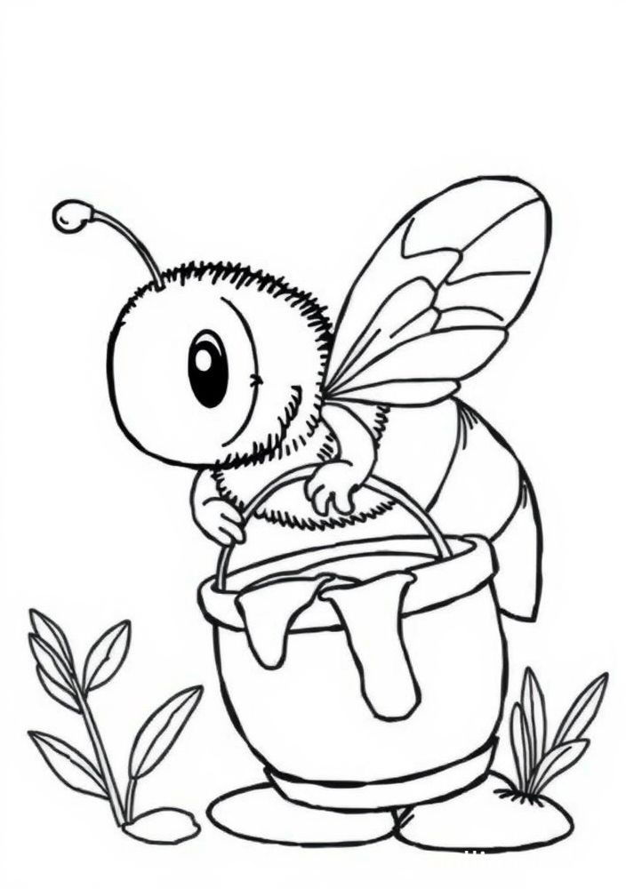 Desenho de Abelha e um balde de mel para colorir
