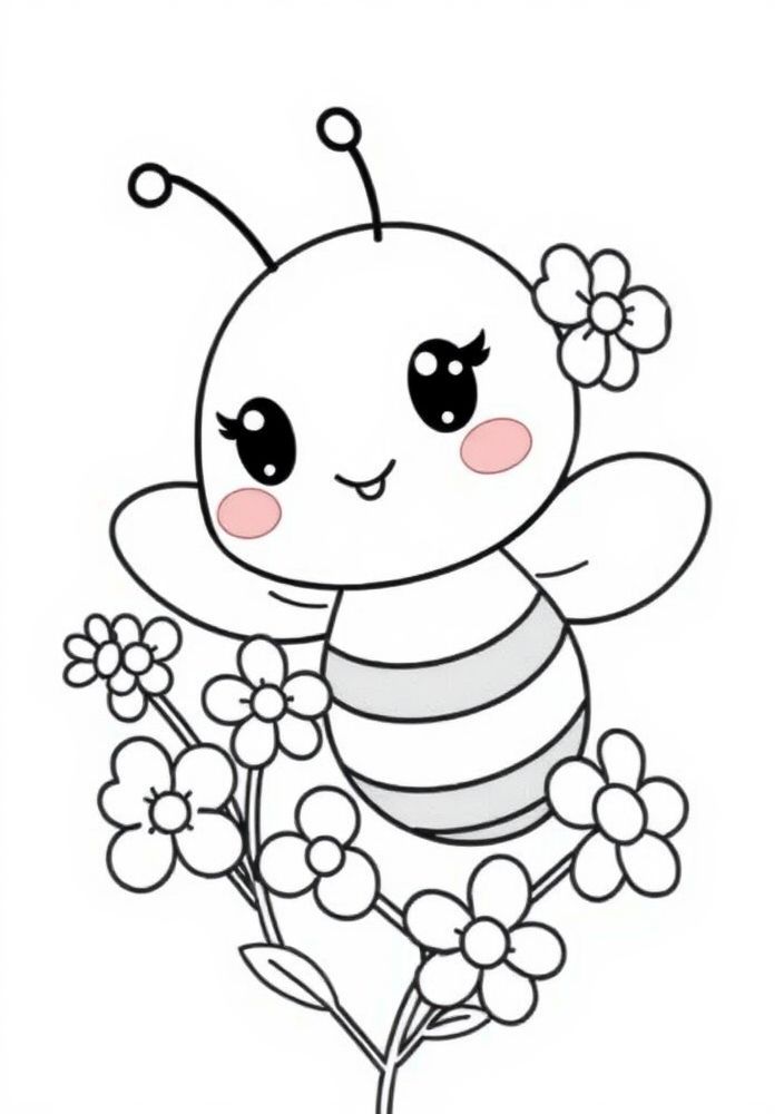 Desenho de Abelhinha Kawaii com Flores para colorir