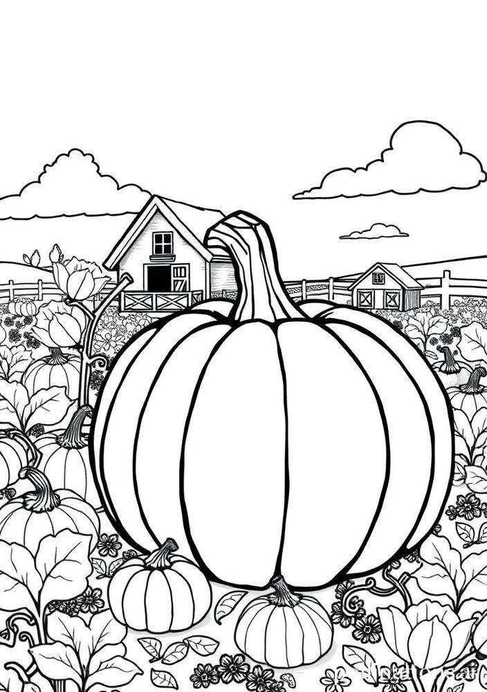 Desenho de Abóbora Gigante na Fazenda para Colorir