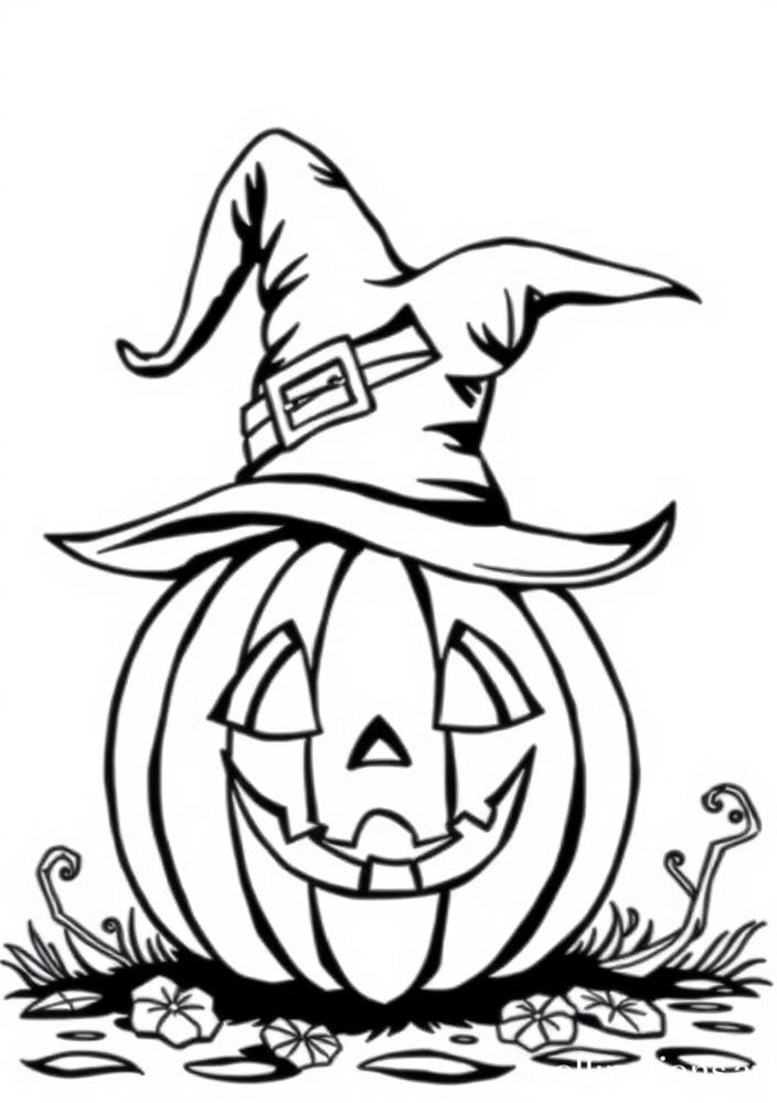 Desenho de Abóbora de Halloween com chapéu de bruxa para colorir