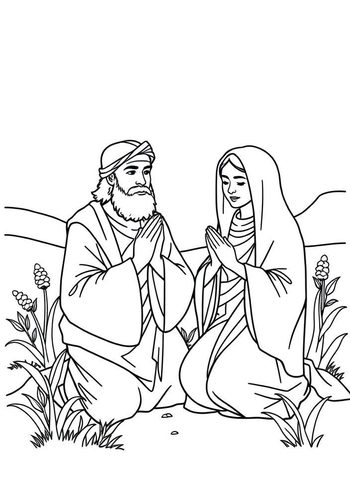Desenho de Abraão e Sara em um momento de oração para colorir