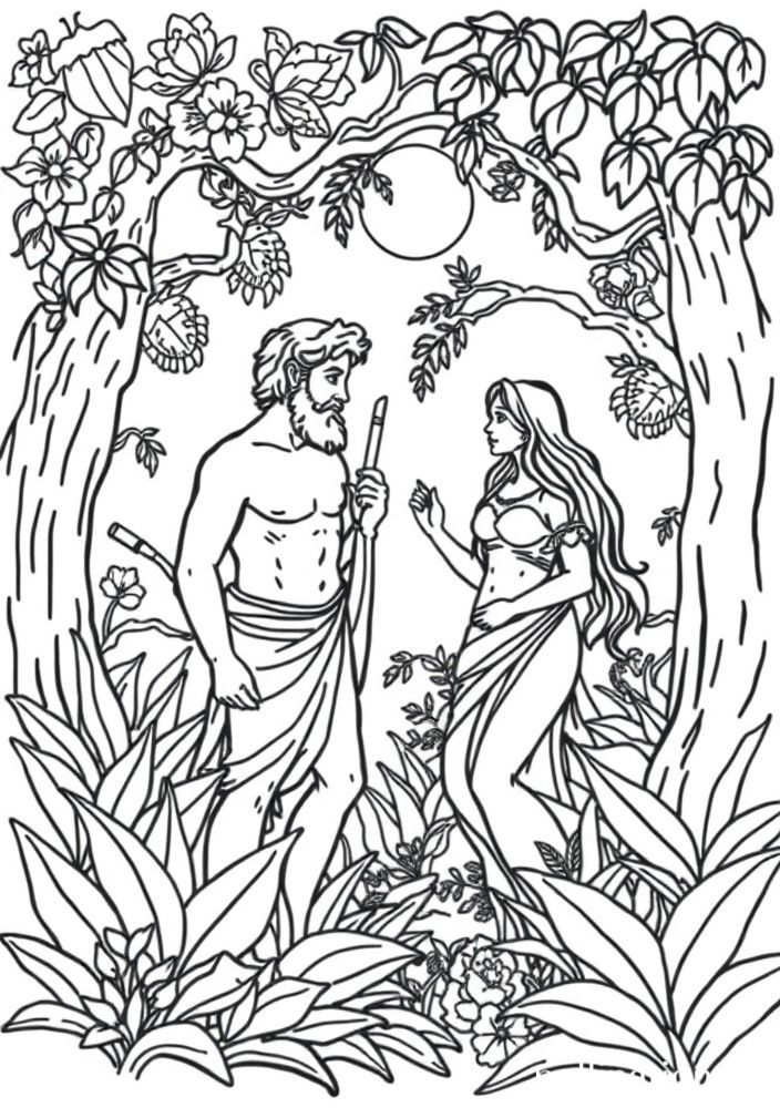 Desenho de Adão e Eva no Jardim do Éden para colorir