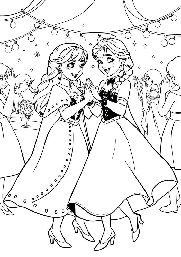 Desenho de Anna e Elsa dançando em uma festa para colorir