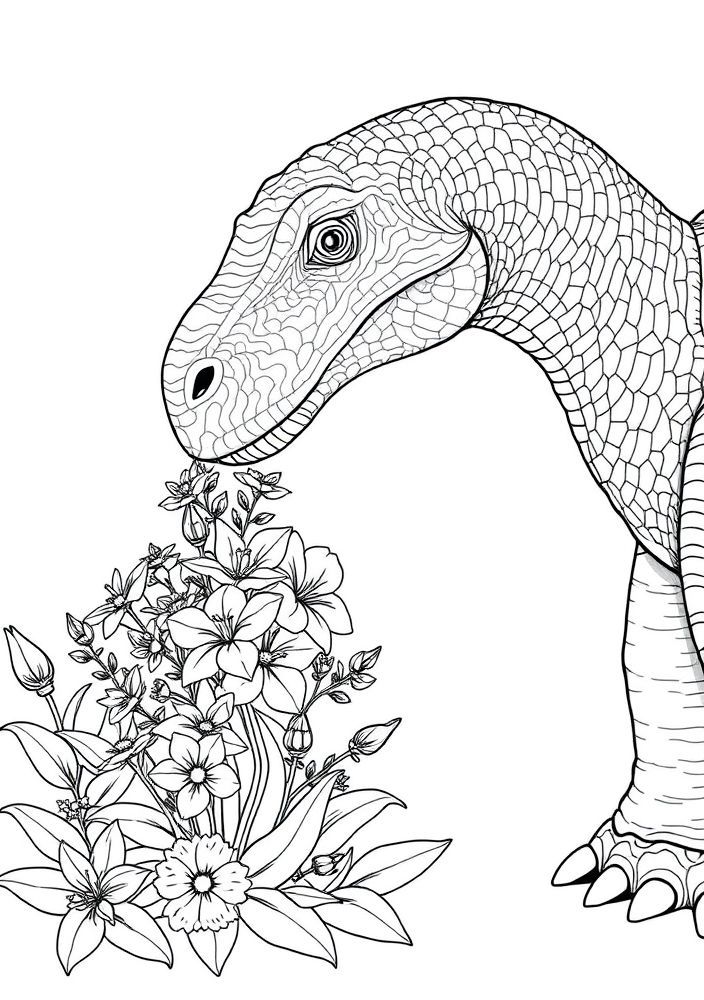 Desenho de Apatossauro Cheirando as Flores
