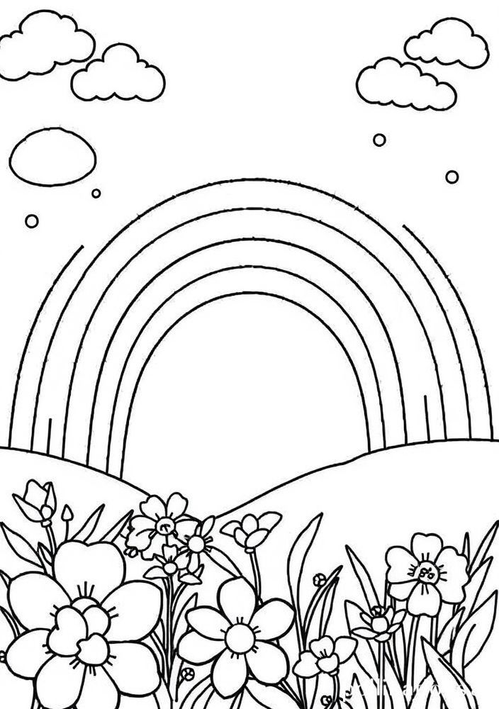 Desenho de Arco-íris com Flores para colorir