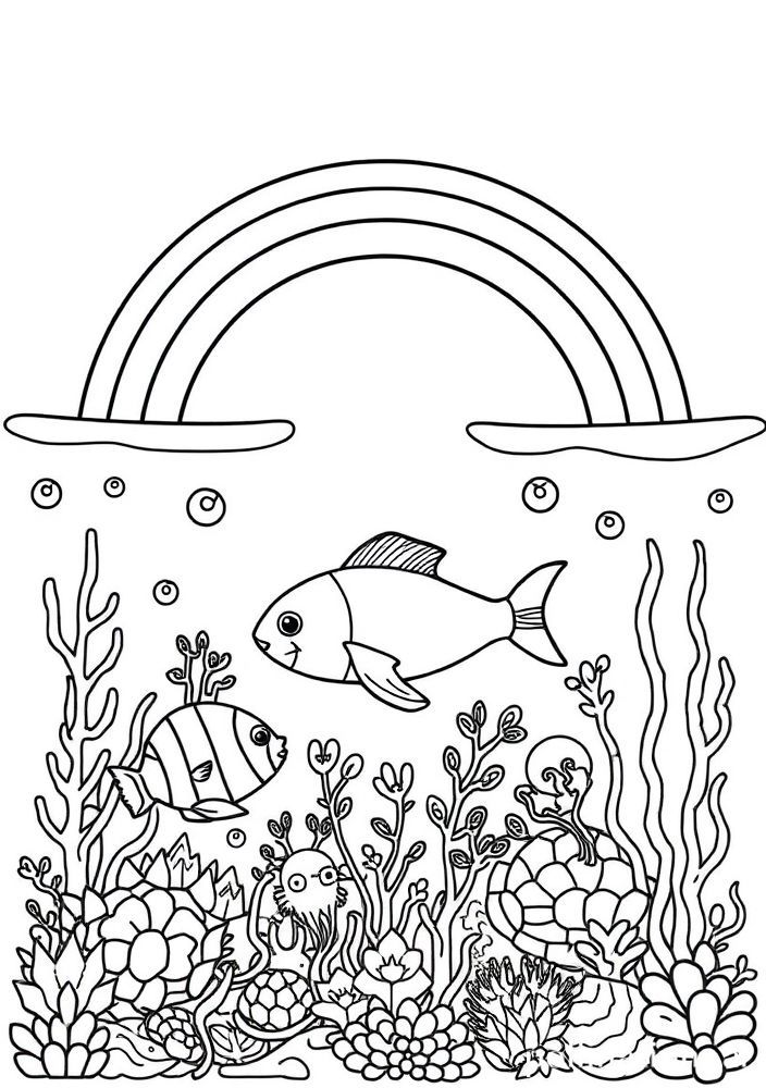 Desenho de Arco-íris e Criaturas Submarinas para colorir