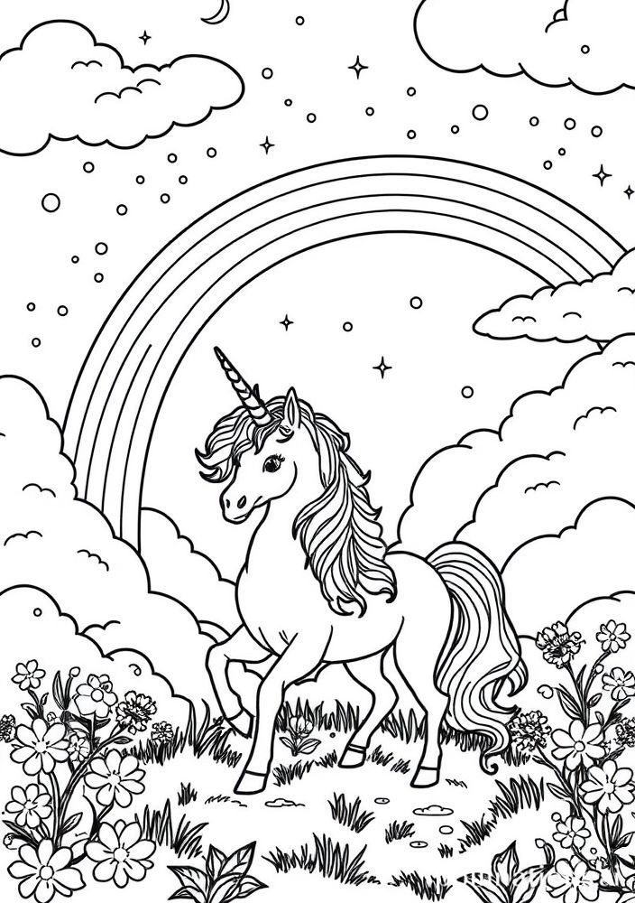 Desenho de Arco-íris e Unicórnio para colorir