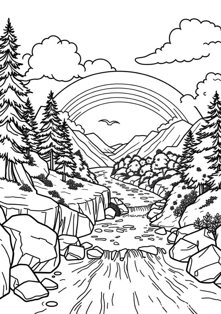 Desenho de Arco-íris e rio para colorir