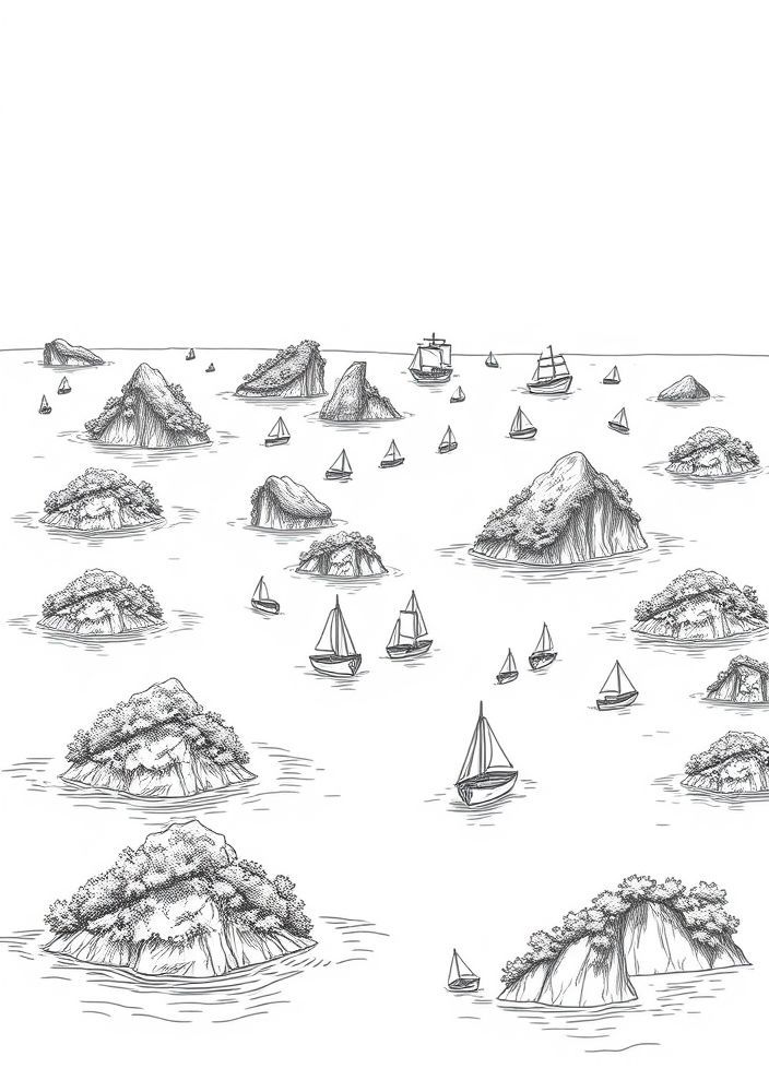 Desenho de Arquipélago com Ilhas e Barcos para Colorir
