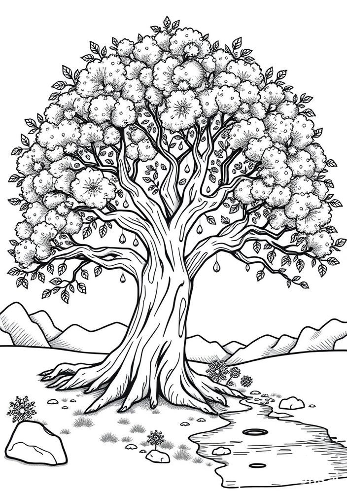 Desenho de Árvore Familiar com Corpos de Água para colorir
