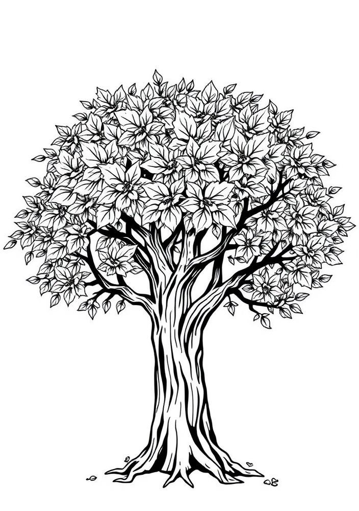 Desenho de Árvore Nativa com Folhas de Outono para colorir