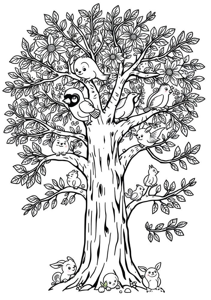 Desenho de Árvore com Animais para colorir