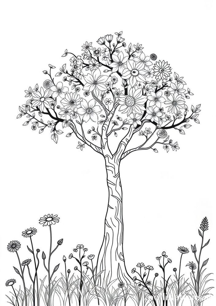 Desenho de Árvore com Flores Selvagens para colorir