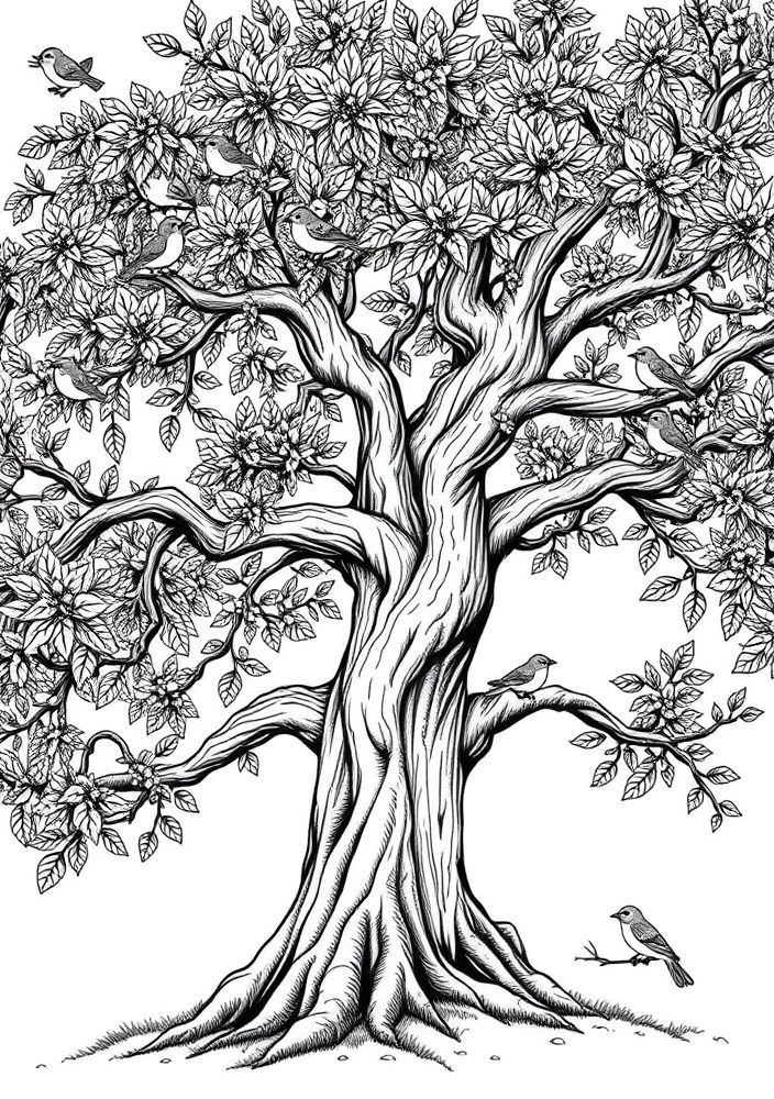 Desenho de Árvore com Pássaros para colorir