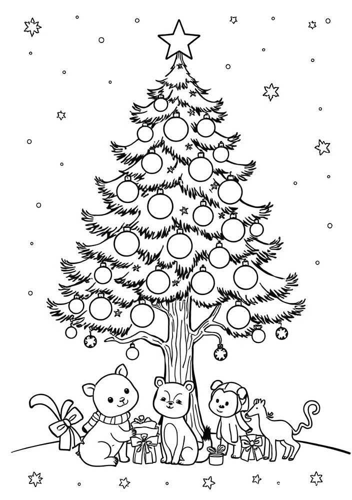 Desenho de Árvore de Natal com Animais para colorir