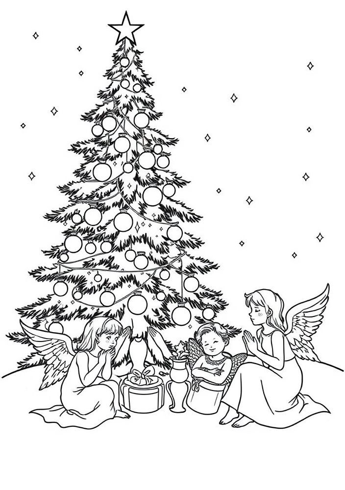 Desenho de Árvore de Natal com Anjos para colorir