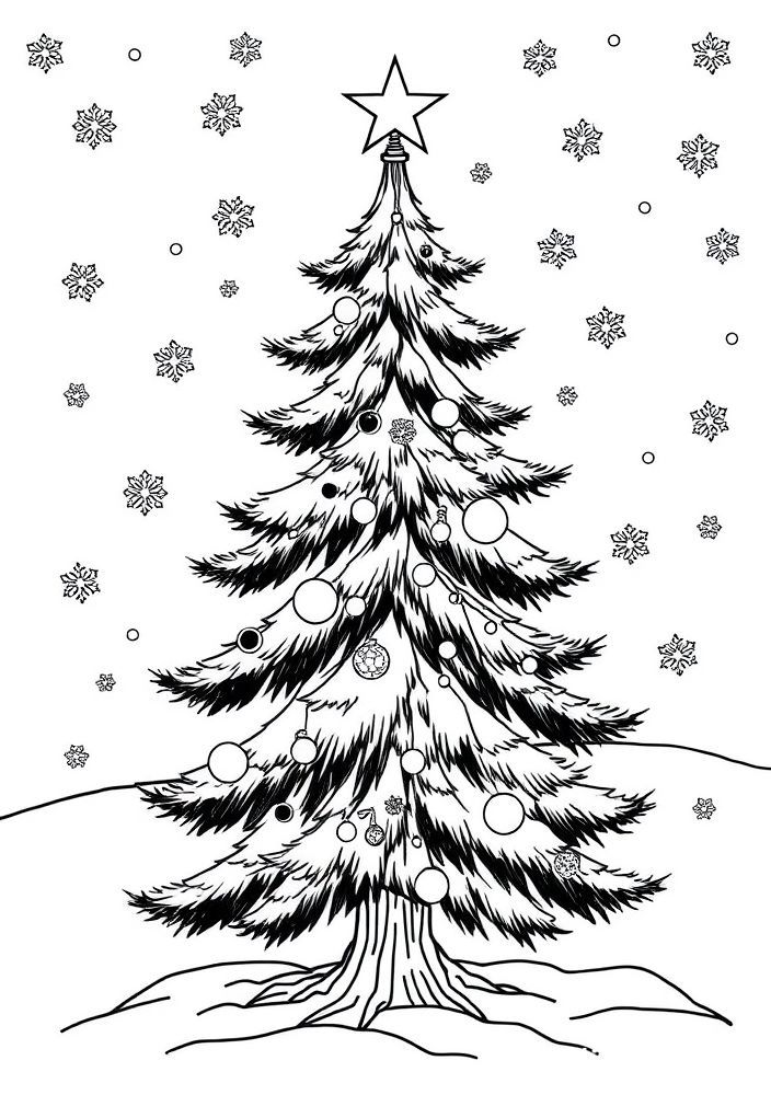 Desenho de Árvore de Natal com Flocos de Neve para colorir