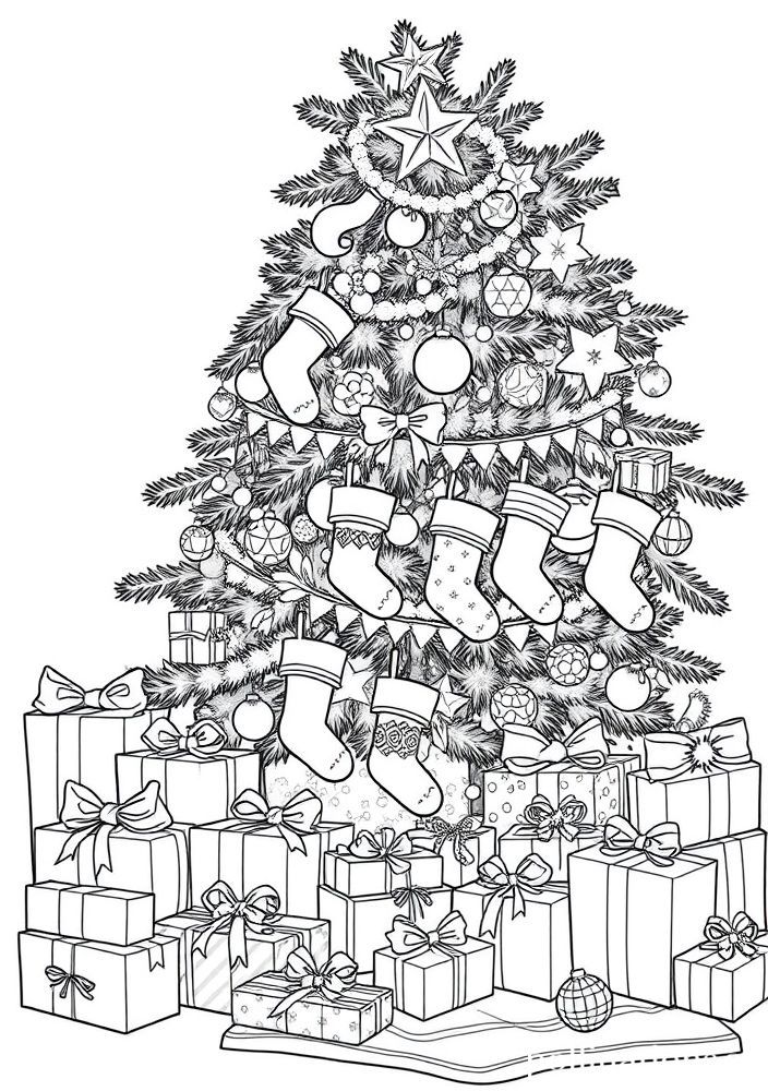 Desenho de Árvore de Natal com Meias para colorir