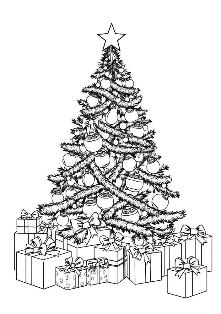 Desenho de Árvore de Natal com Presentes para Colorir