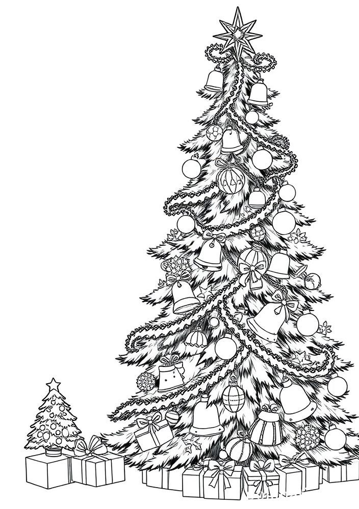 Desenho de Árvore de Natal com Sinos para colorir