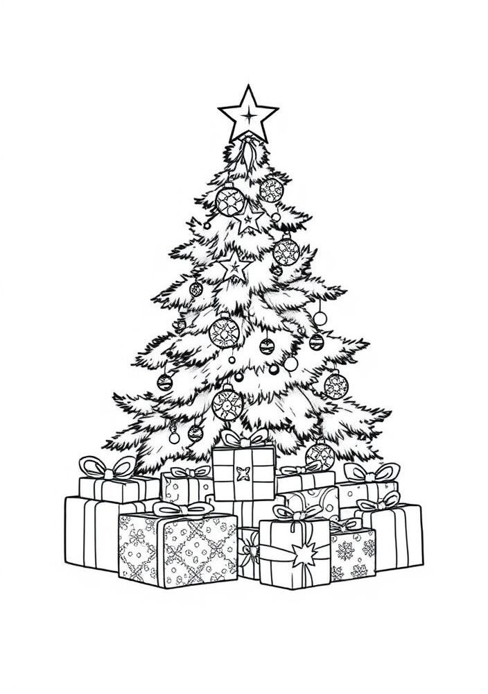 Desenho de Árvore de Natal com presentes embaixo para colorir
