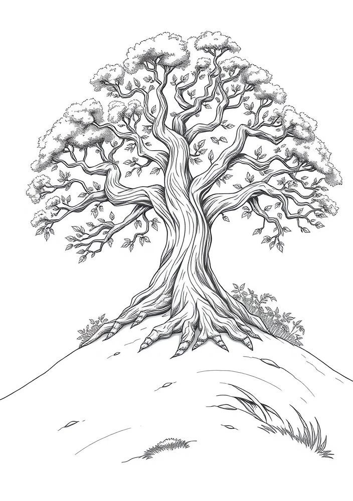 Desenho de Árvore em Cima da Colina para Colorir