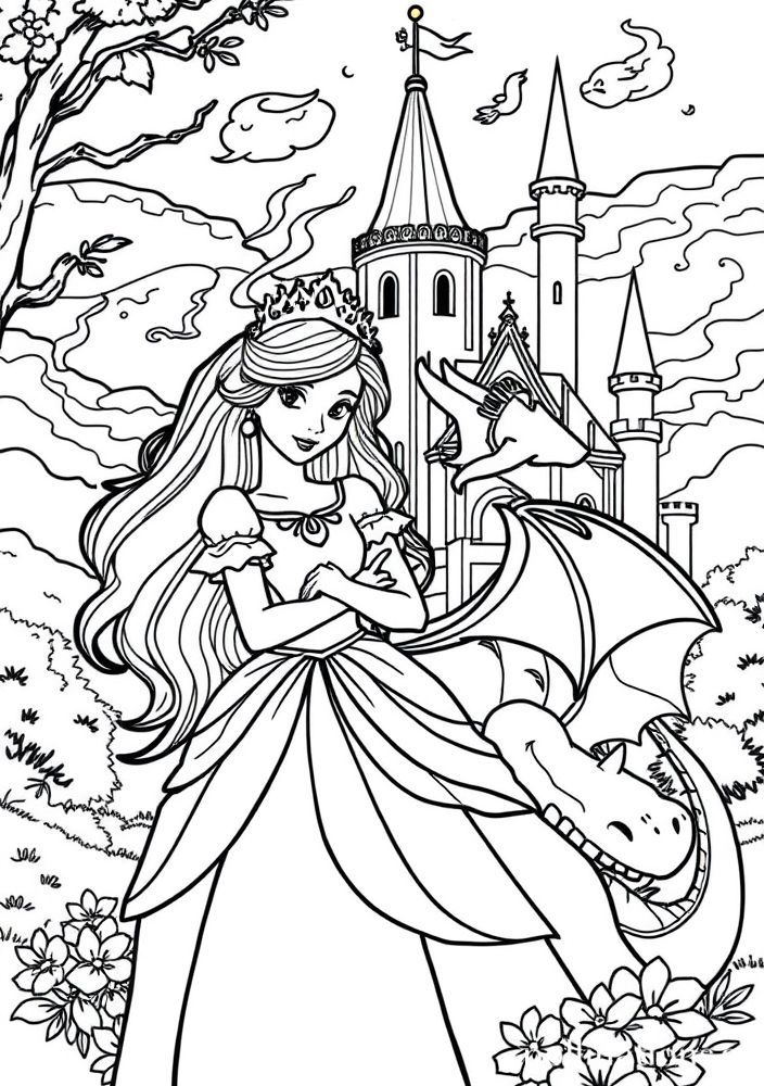 Desenho de Aventura de Princesa e Dragão para colorir