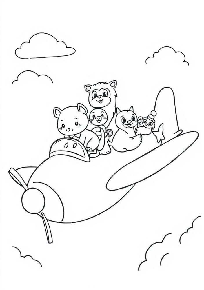 Desenho de Avião com Animais para Colorir