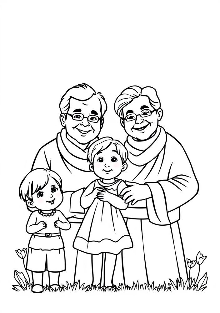 Desenho de Avós e Netos para colorir