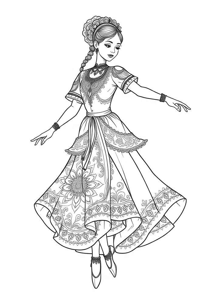 Desenho de Bailarina Folclórica com Vestido Colorido para Colorir