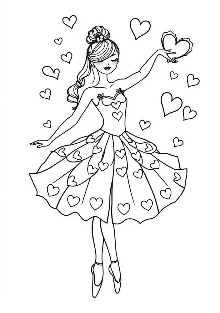 Desenho de Bailarina Individual com Coração ao Redor para Colorir