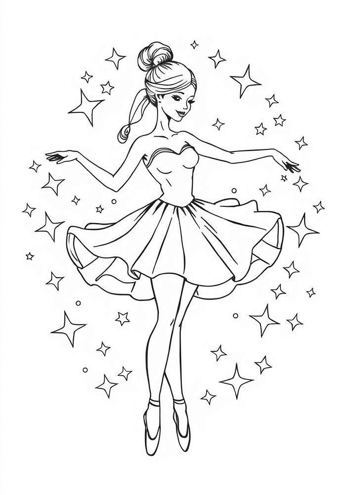 Desenho de Bailarina Rodeada por Estrelas para Colorir