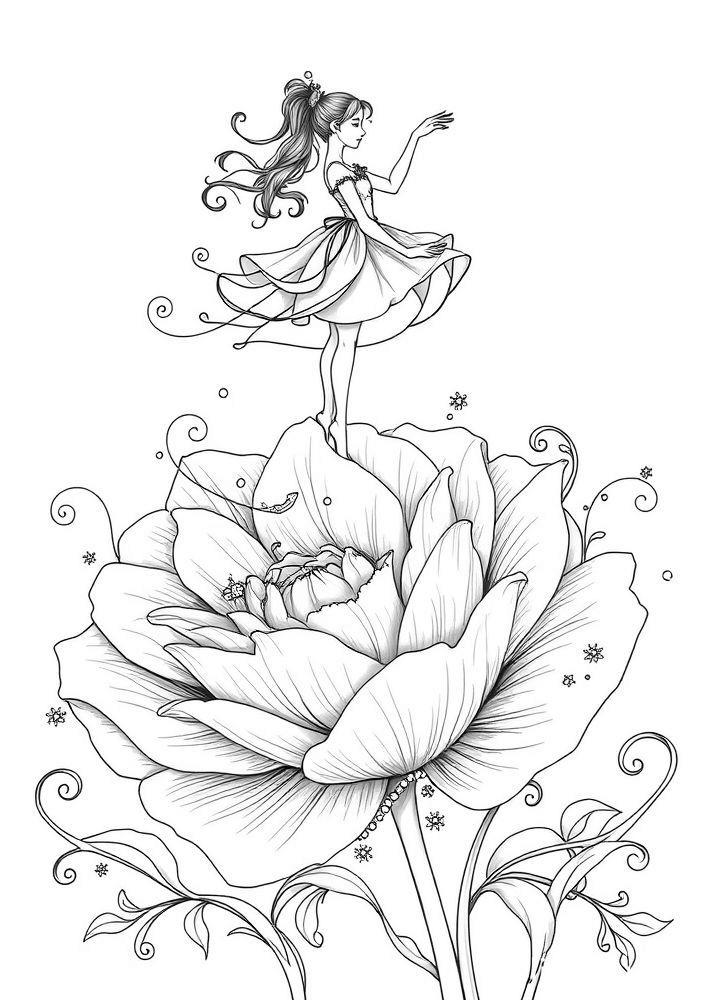 Desenho de Bailarina Sobre uma Flor Gigante para Colorir