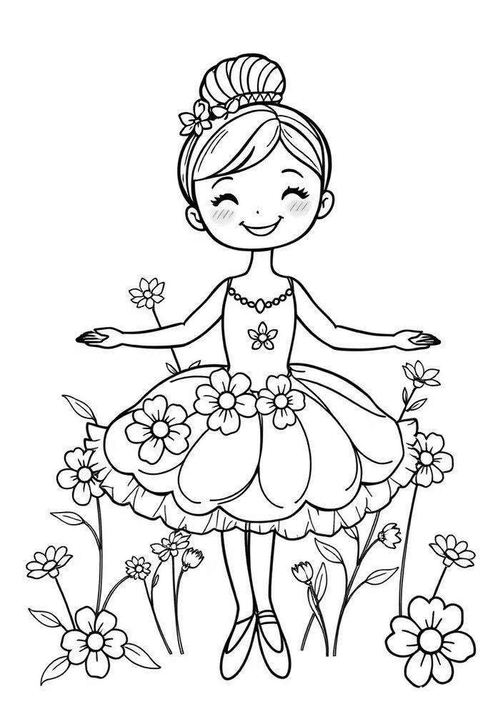 Desenho de Bailarina Sorrindo com Flores para Colorir