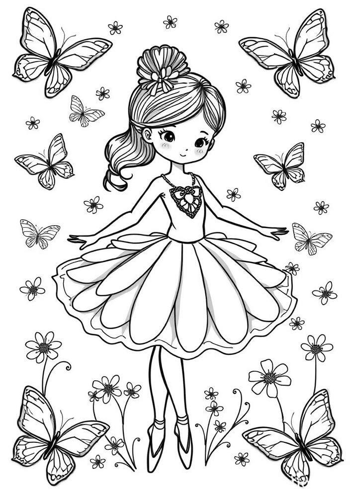 Desenho de Bailarina com Borboletas para Colorir