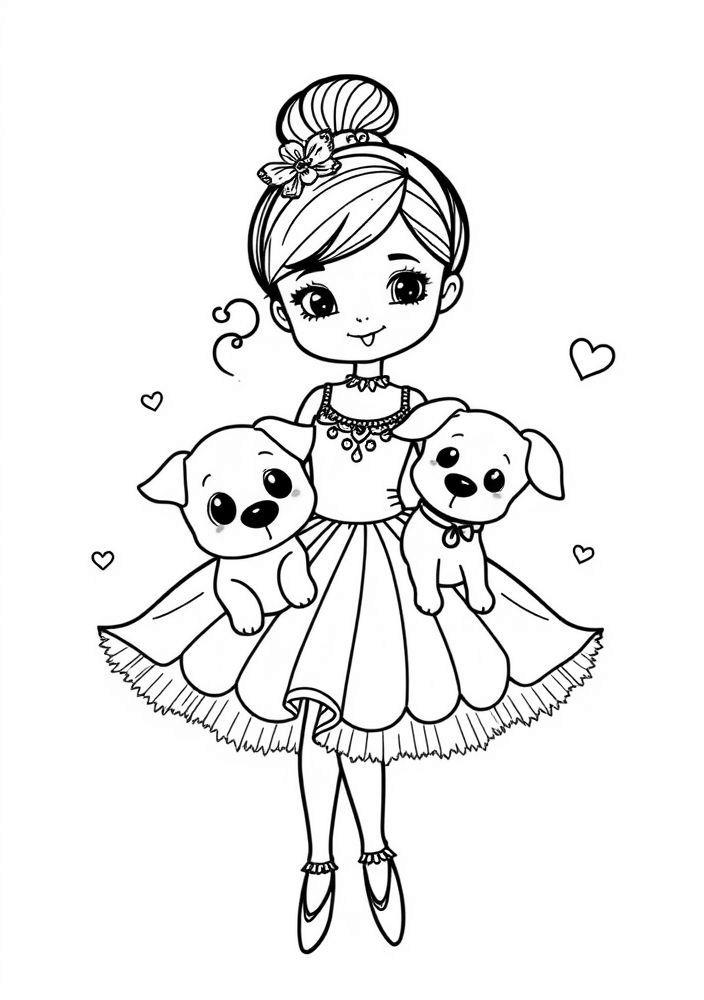 Desenho de Bailarina com Cachorrinho para Colorir