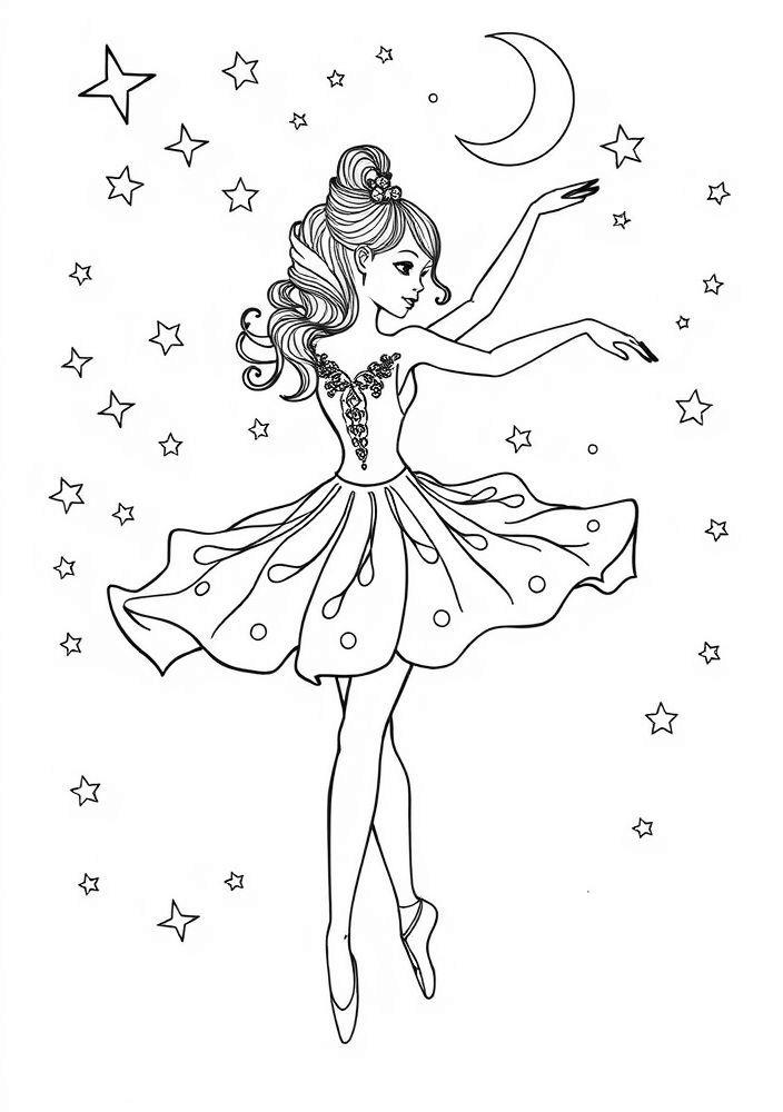 Desenho de Bailarina com Estrelas e Lua para Colorir